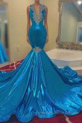 Modern Sequins Appliques V-Neck Sleeveless Long Mermaid Semi Formal Prom Dresses